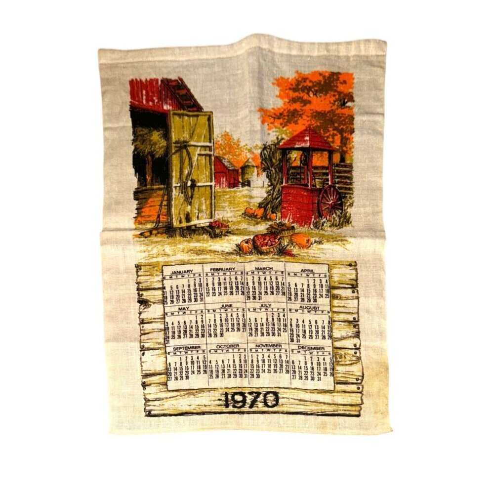 Vintage 1970 Cloth Wall Hanging Calendar Fall Farm Theme